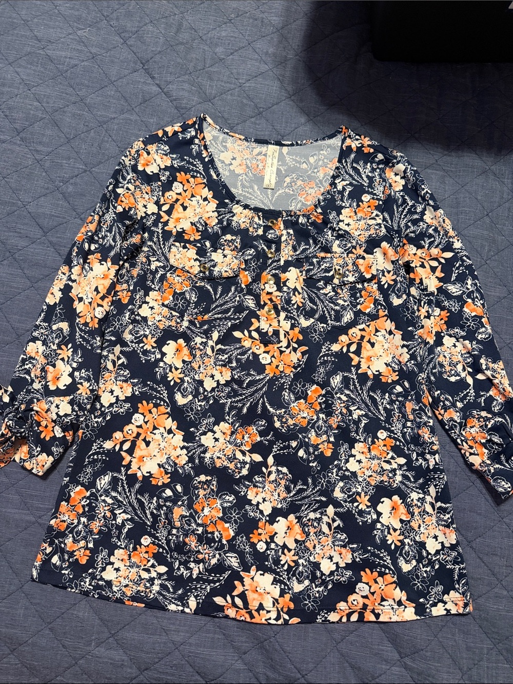 PerSeption Concept Navy Floral Tunic with Orange & White Blooms